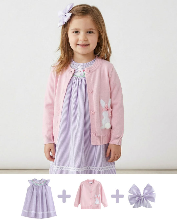 Purple Easter Bunny Bundle - Dress, Sweater and Hair Bow - Lil Cactus