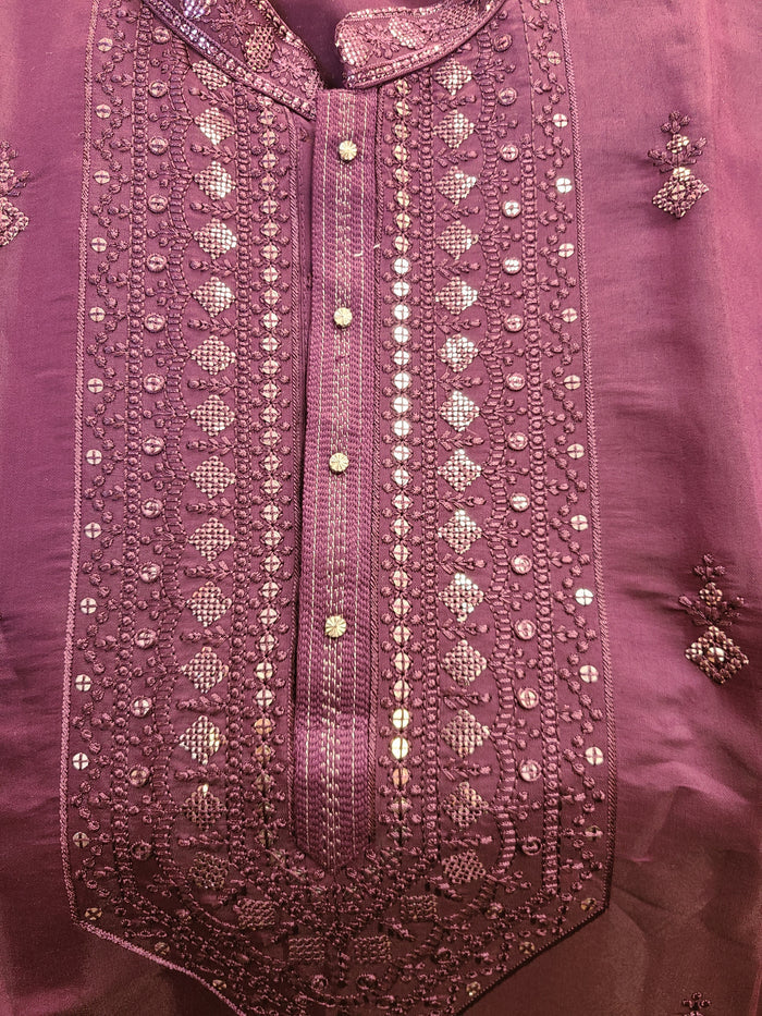 Purple Embroidered Cotton Silk Kurta