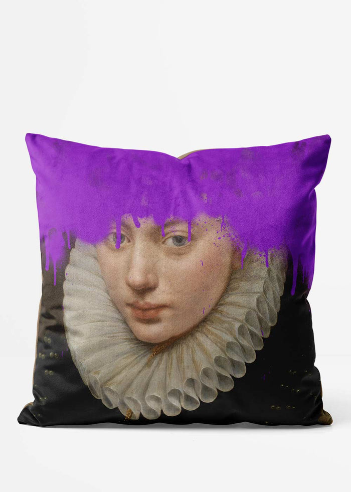 Purple Paint Dripping Portrait Cushion, front view