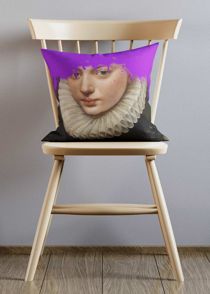 Purple Paint Dripping Portrait Cushion in a room setting, view 2