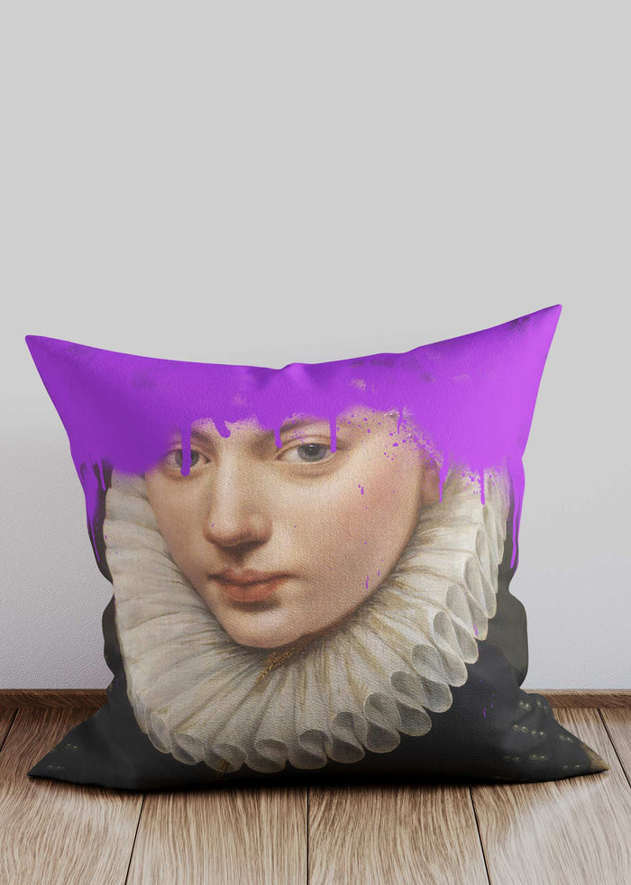 Purple Paint Dripping Portrait Cushion in a room setting, view 1