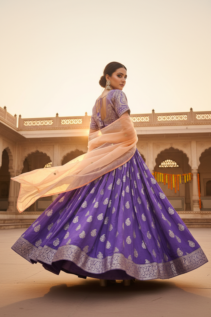 Purple Paisley Buti Lehenga Set - Back Pose