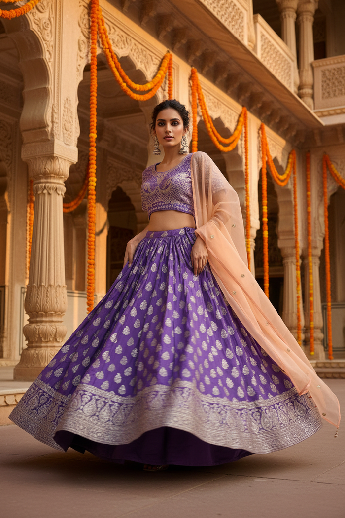Purple Paisley Buti Lehenga Set - Walking Pose
