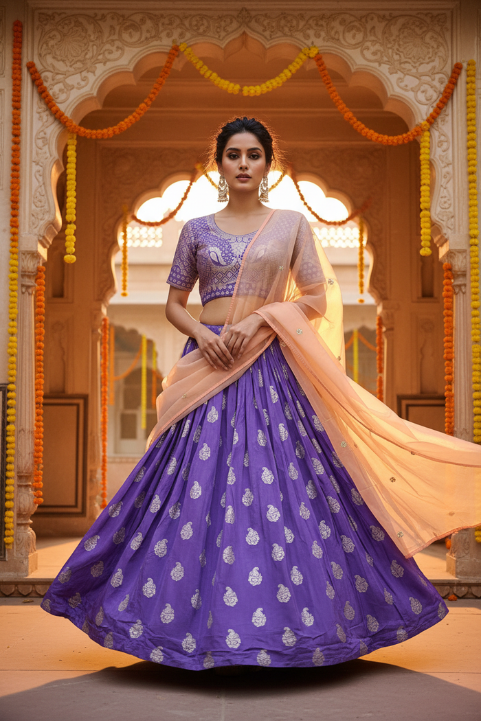 Purple Paisley Buti Lehenga Set - Front Pose