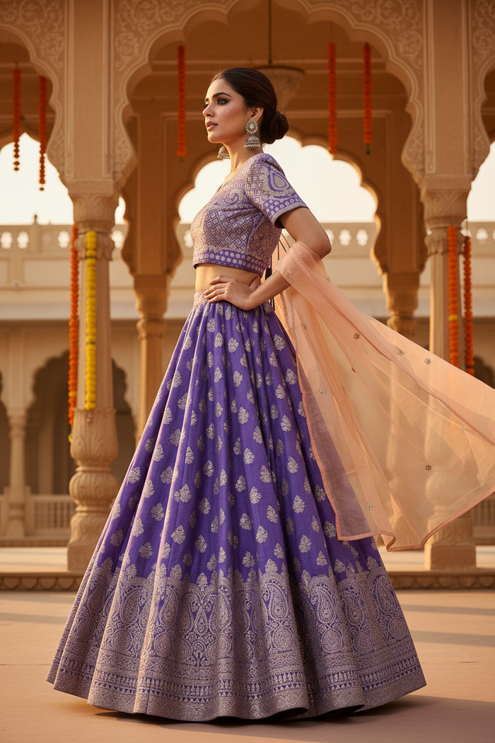 Purple Paisley Buti Lehenga Set - Side Pose