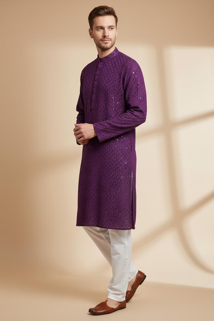 Purple Sequin Chikankari Kurta