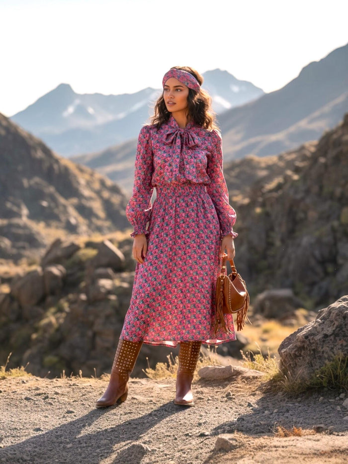 Pussy Bow Liberty London Midi Shirt Dress: Puffy Long Sleeves, Botanical Floral Print