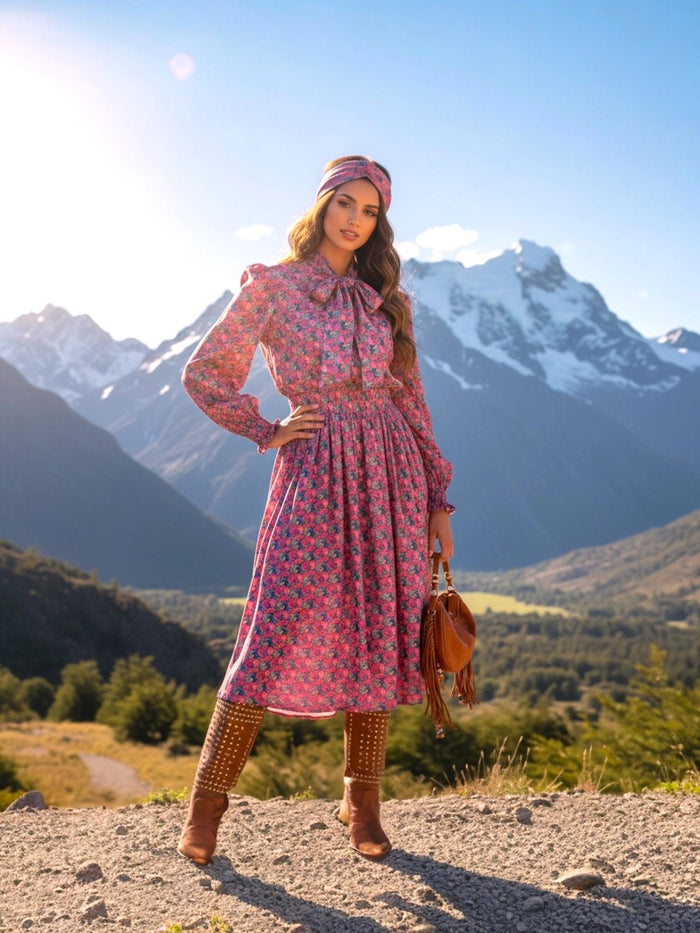 Pussy Bow Liberty London Midi Shirt Dress: Puffy Long Sleeves, Botanical Floral Print