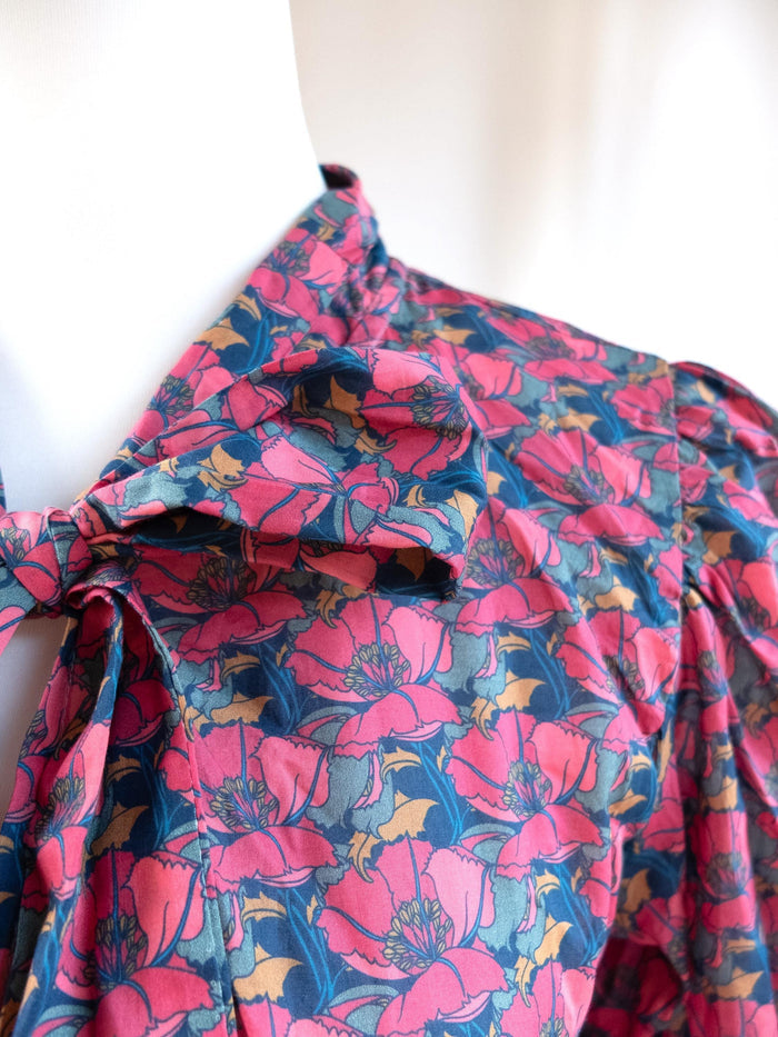 Pussy Bow Liberty London Midi Shirt Dress: Puffy Long Sleeves, Botanical Floral Print