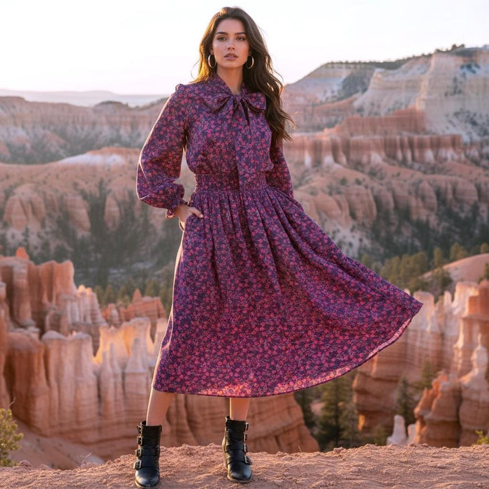 Pussy Bow Liberty London Midi Shirt Dress: Puffy Long Sleeves, Botanical Floral Print