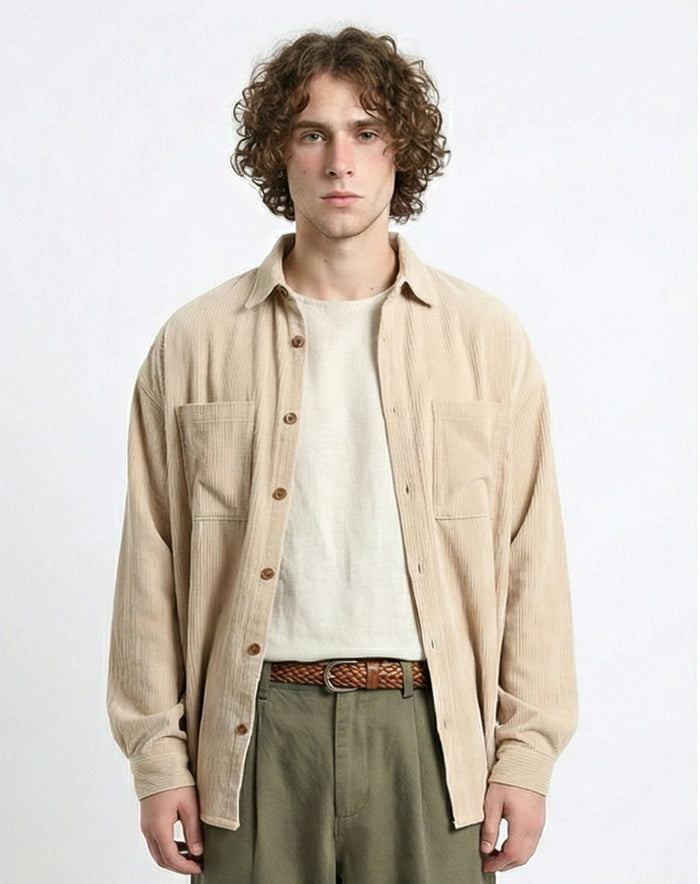 Casual Long Sleeve Ribbed Shirt - Beige