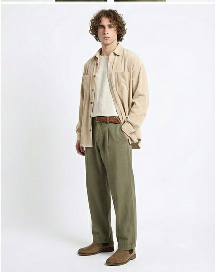 R214899 - Casual Long Sleeve Ribbed Shirt - Beige