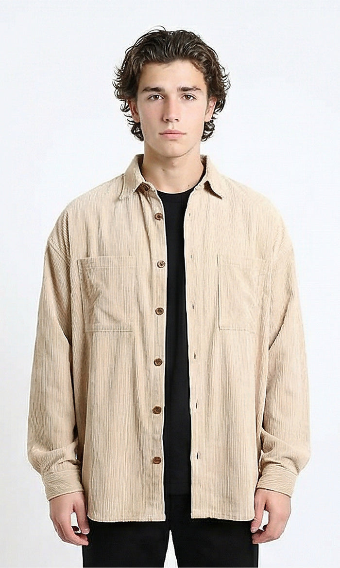 R214899 - Casual Long Sleeve Ribbed Shirt - Beige