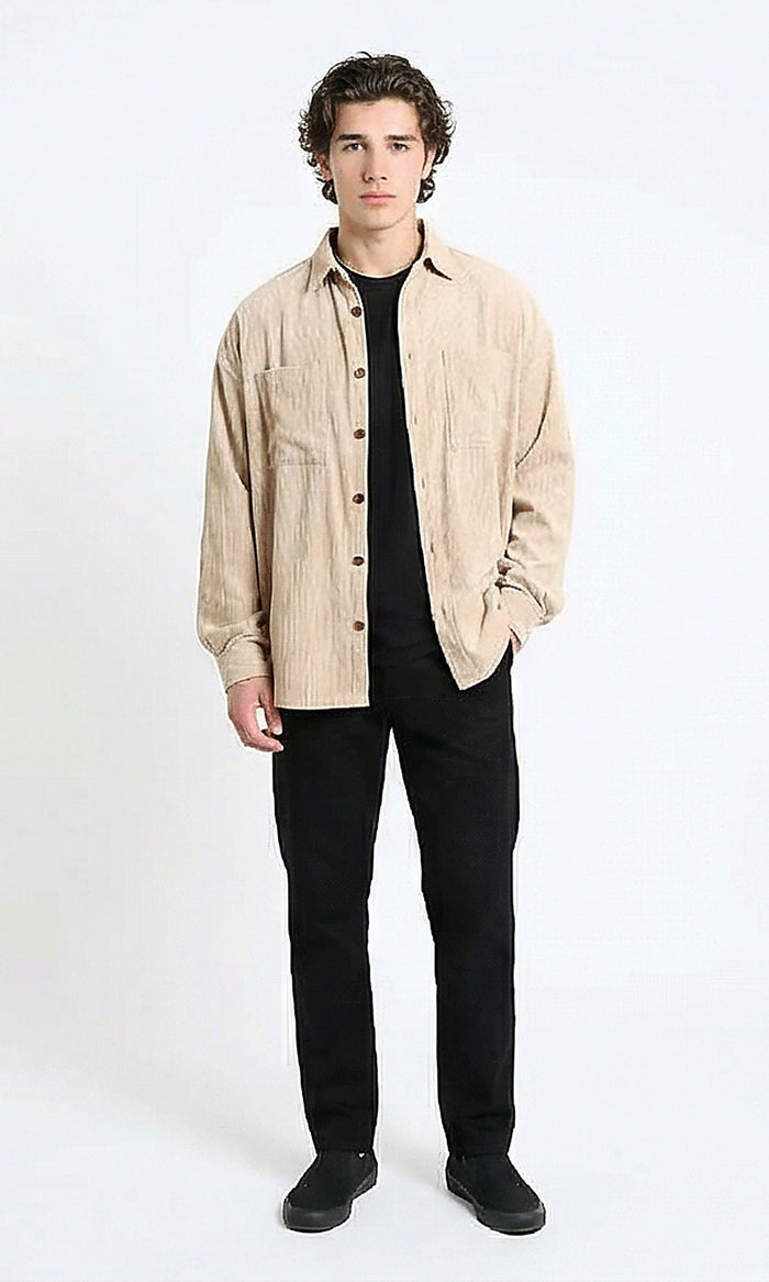 R214899 - Casual Long Sleeve Ribbed Shirt - Beige