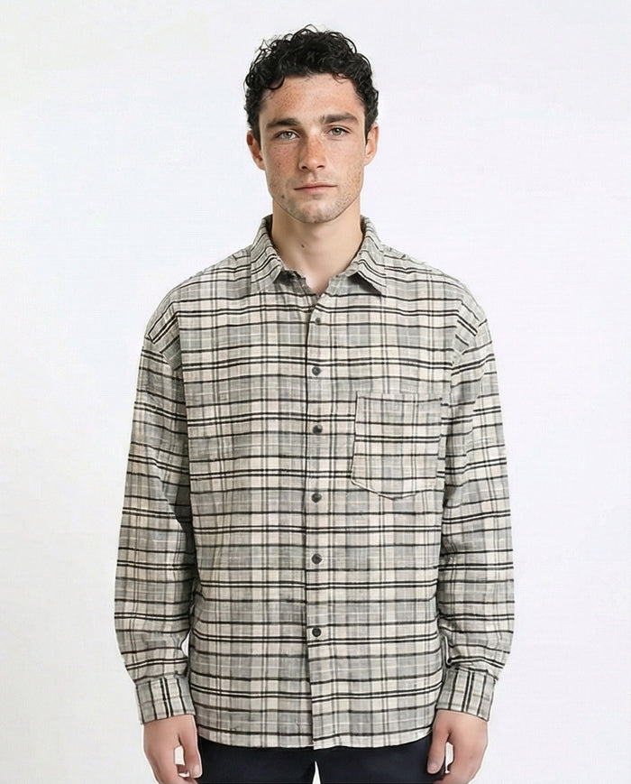 Plaid Winter Shirt with Front Pocket - Light Grey & Beige