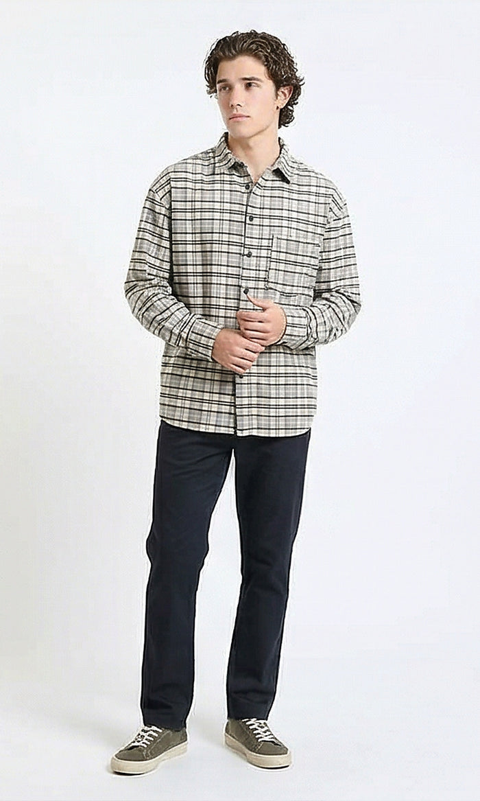 R215014 - Plaid Winter Shirt with Front Pocket - Light Grey & Beige