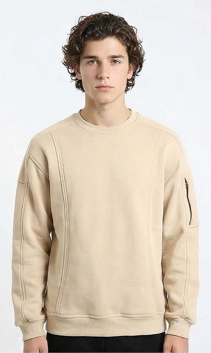 Slip On Comfy Sweatshirt with Sleeve Pocket - Light Beige