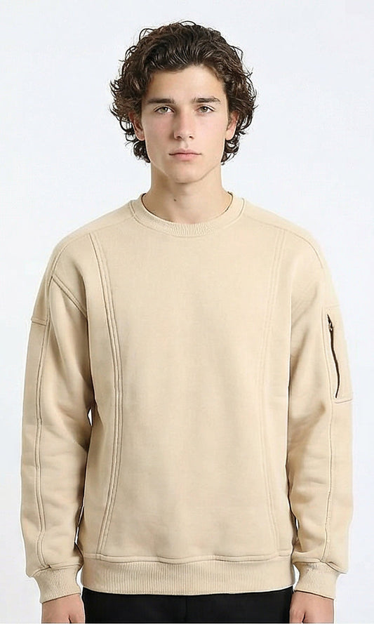 Slip On Comfy Sweatshirt with Sleeve Pocket - Light Beige