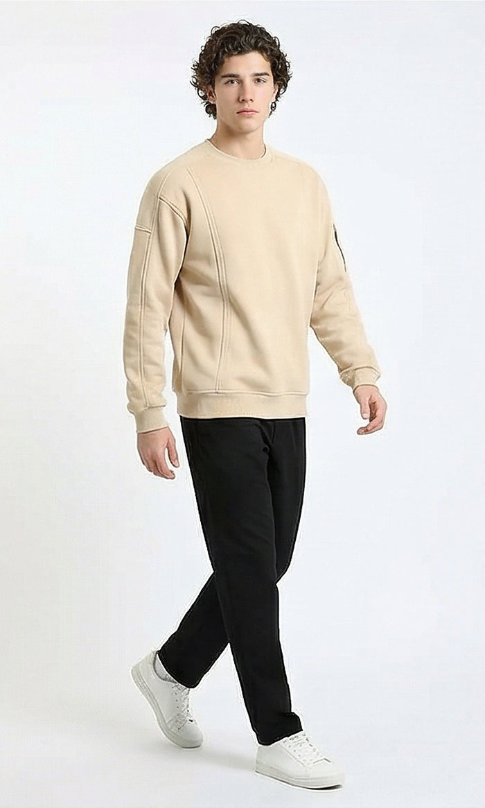 R215547 - Slip On Comfy Sweatshirt with Sleeve Pocket - Light Beige