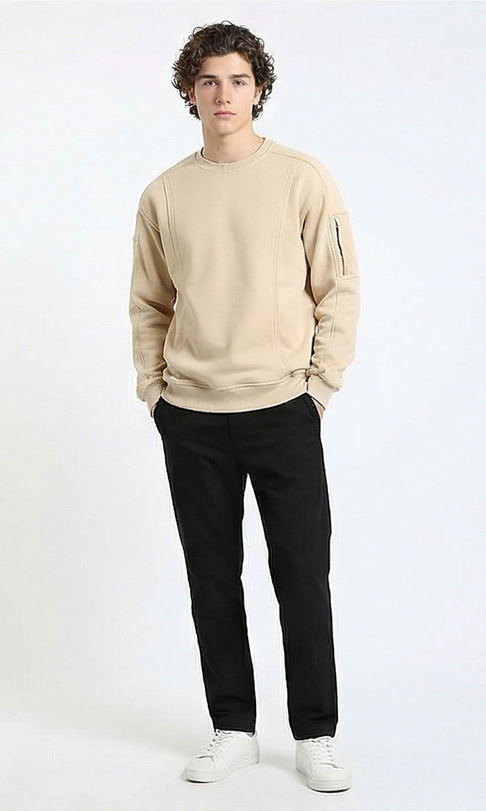 R215547 - Slip On Comfy Sweatshirt with Sleeve Pocket - Light Beige