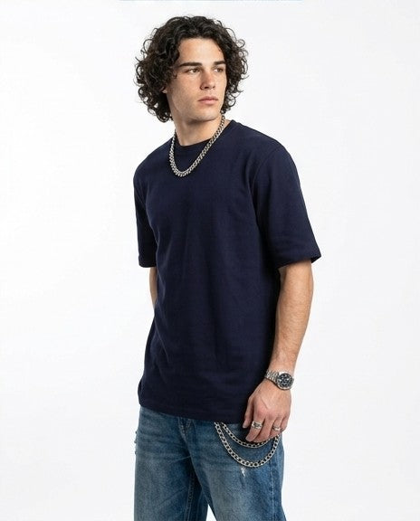 R216165 - Solid Crew Neck Relaxed Fit Tee - Navy Blue