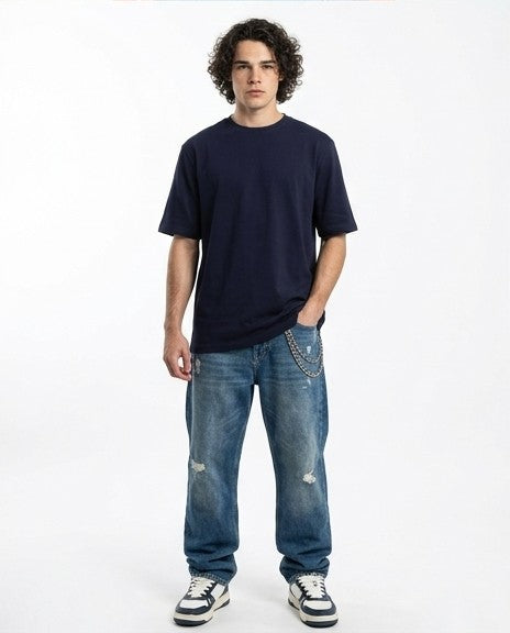 R216165 - Solid Crew Neck Relaxed Fit Tee - Navy Blue