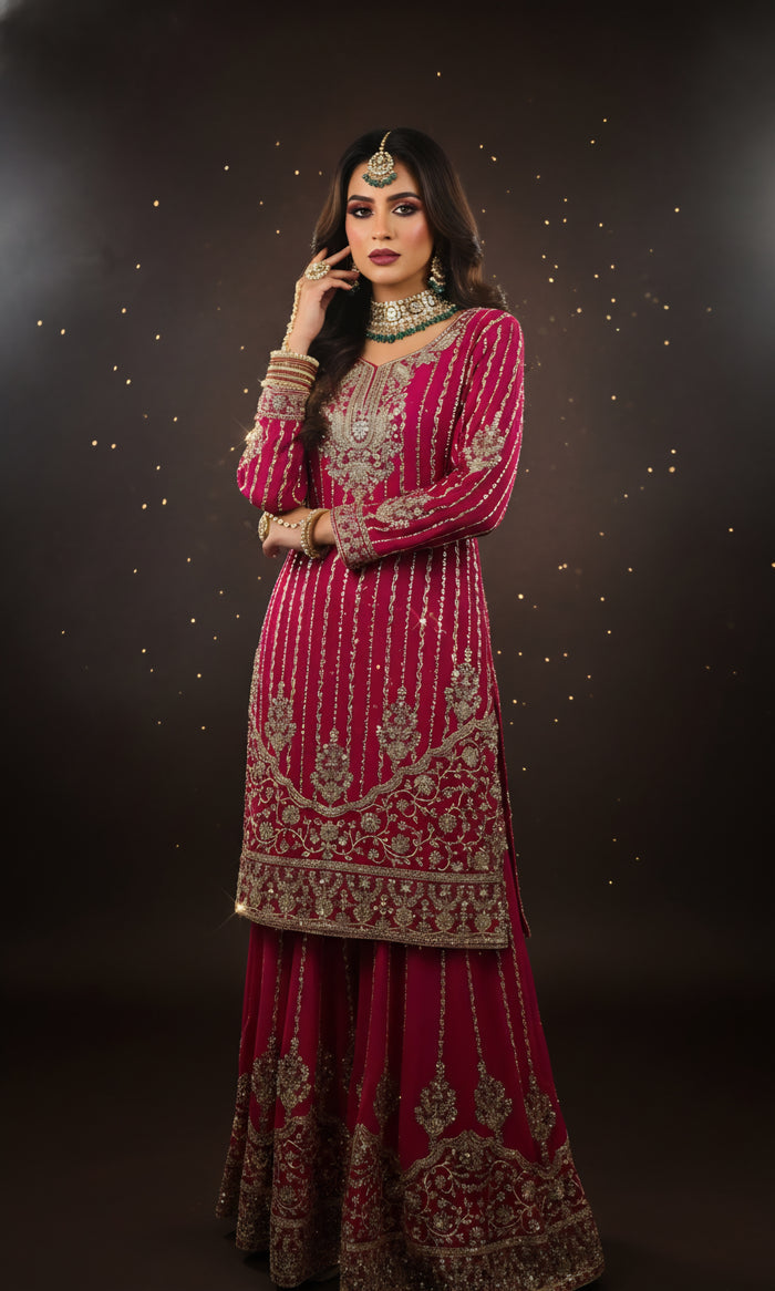 Rani Pink Heavy Embroidered Sharara Suit
