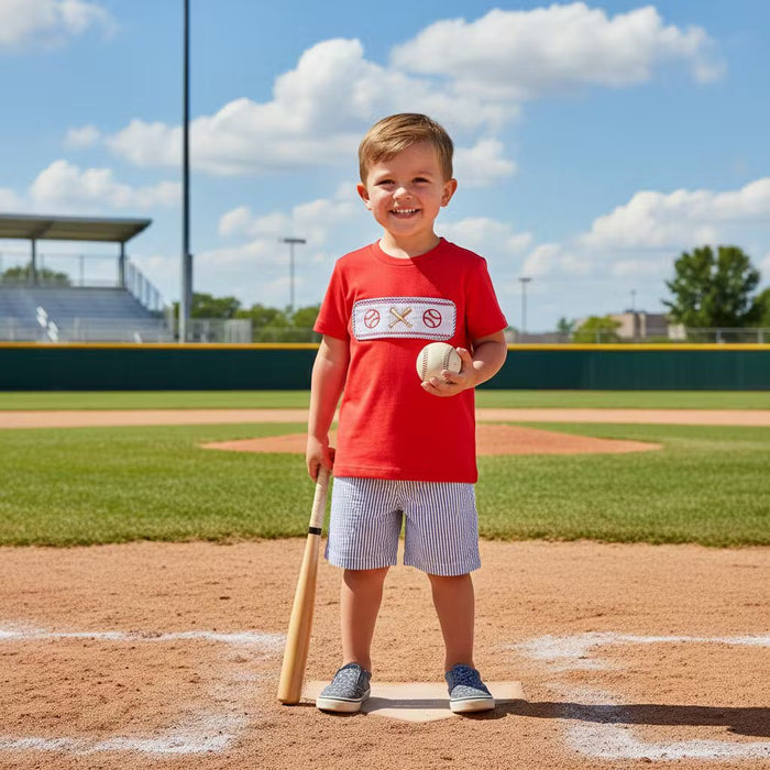 Red and Blue Baseball Smocked Shirt and Shorts Set - Lil Cactus