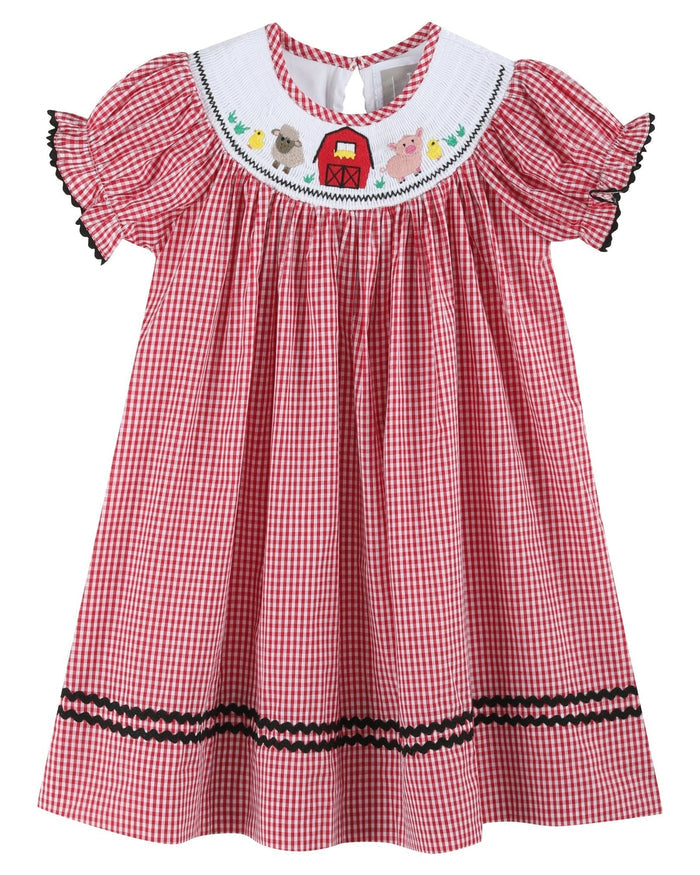 Red Gingham Barn Animals Smocked Bishop Dress - Lil Cactus