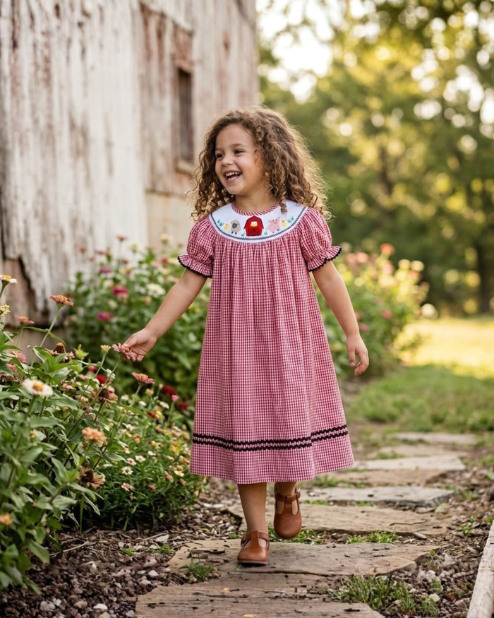 Red Gingham Barn Animals Smocked Bishop Dress - Lil Cactus