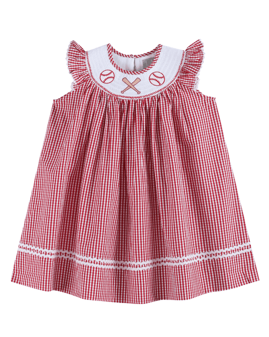 Red Gingham Baseball Smocked Bishop Dress - Lil Cactus