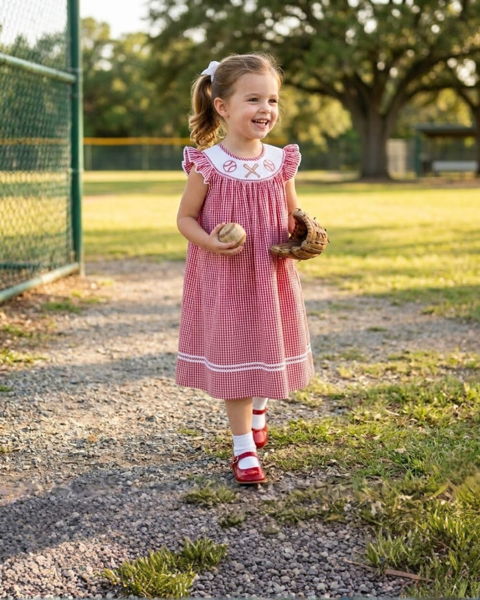 Red Gingham Baseball Smocked Bishop Dress - Lil Cactus
