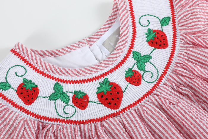Red Seersucker Strawberry Smocked Bishop Dress - Lil Cactus