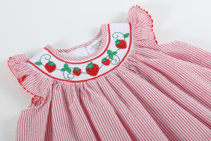 Red Seersucker Strawberry Smocked Bishop Dress - Lil Cactus