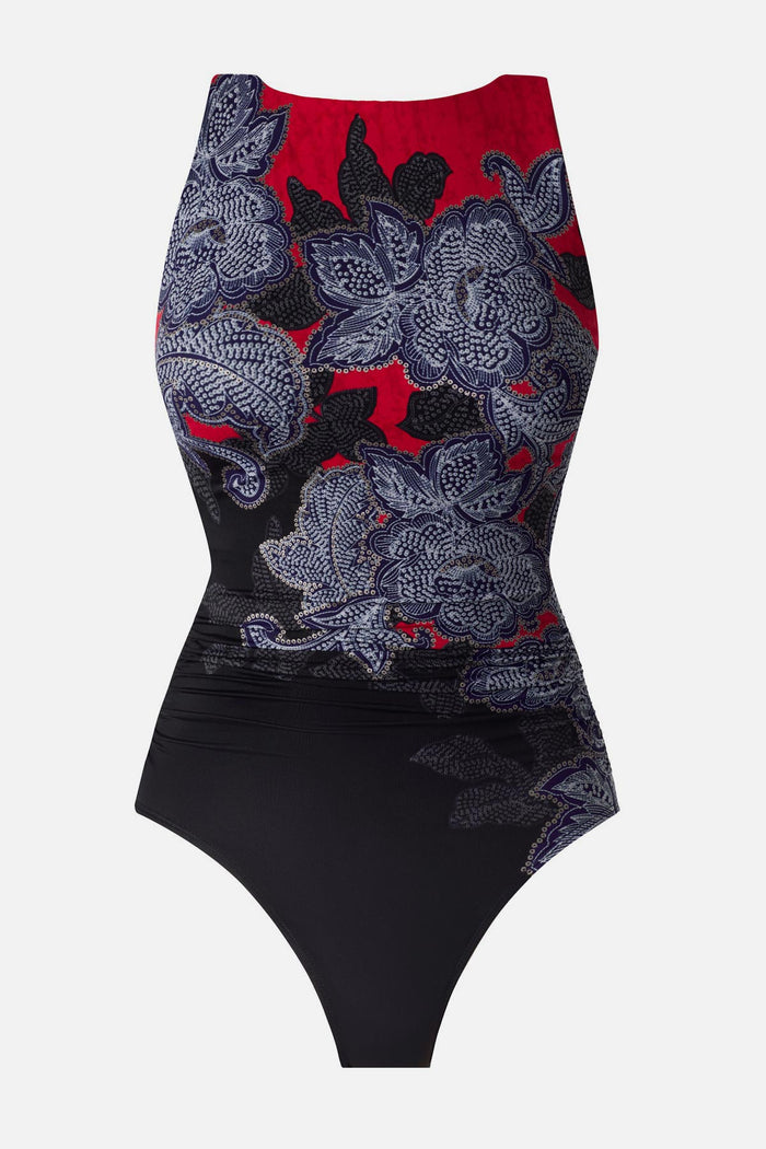 Multicolored abstract floral printed high neck swimsuit