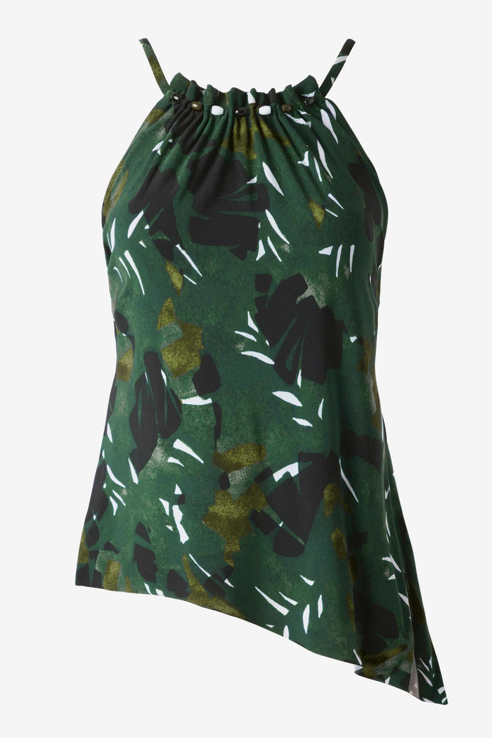 High neck tankini top with a palm leaf print