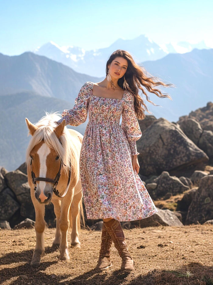 Renaissance Liberty Print Smock Dress: Botanical Ditsy Floral, Long Sleeve Midi Dress, Square Neck