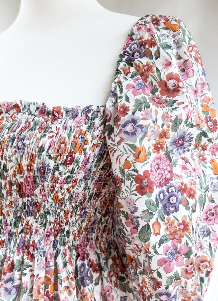 Renaissance Liberty Print Smock Dress: Botanical Ditsy Floral, Long Sleeve Midi Dress, Square Neck