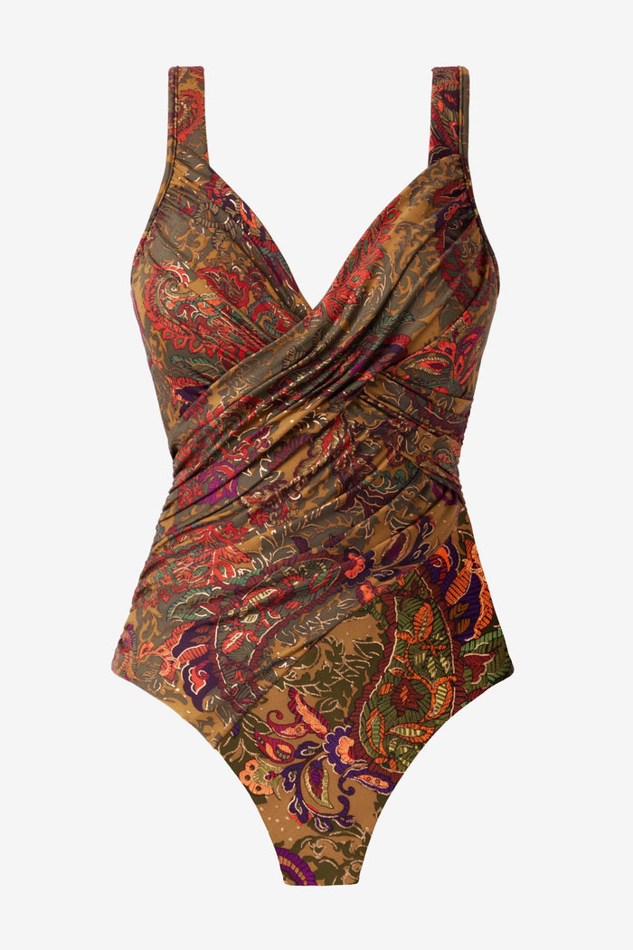 Multicolored paisley printed one-piece swimsuit with a sweetheart neckline