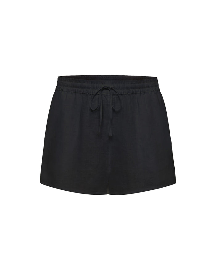 Off-model flat lay of the LSPACE Rio Short in black linen with a drawstring waist.