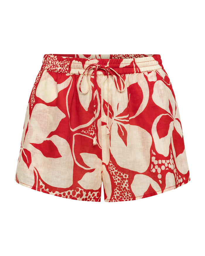 Off-model view of the LSPACE Rio Short in hibiscus bloom, displayed against a white background showing the red and cream hibiscus print with elasticized drawstring waistband.