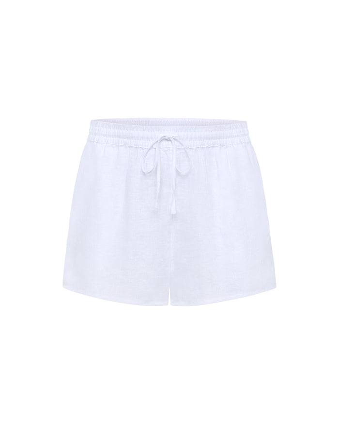 Off-model flat lay of the LSPACE Rio Short in white linen with a drawstring waist.