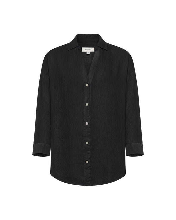 Off-model flat lay of the LSPACE Rio Tunic in black linen with a button-front placket.
