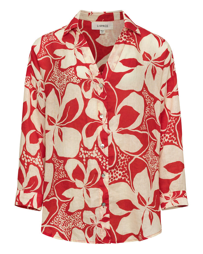 Off-model view of the LSPACE Rio Tunic in hibiscus bloom, displayed against a white background showing the collared button-front shirt with 3/4-length sleeves in a bold red and cream hibiscus print.