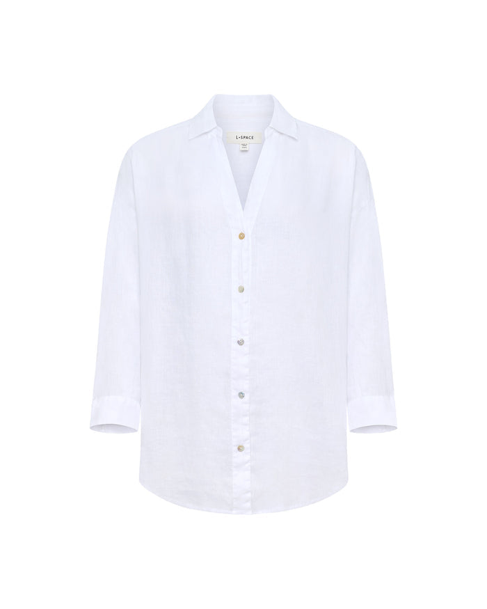 Off-model flat lay of the LSPACE Rio Tunic in white linen with a button-front placket.
