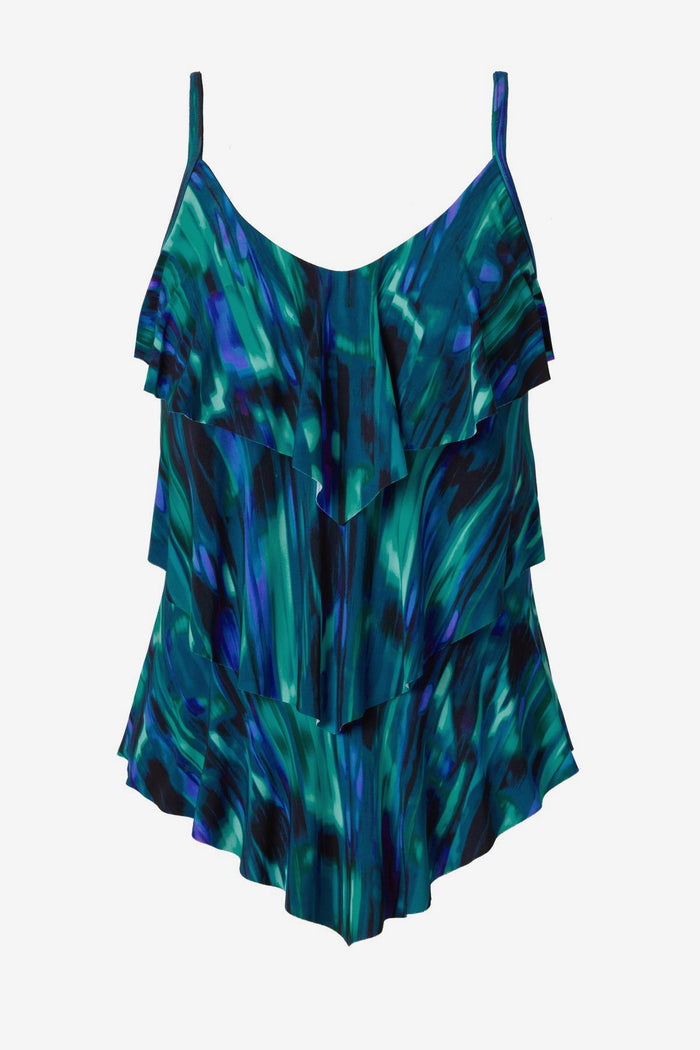 Blue and green pattern tankini top with ruffles