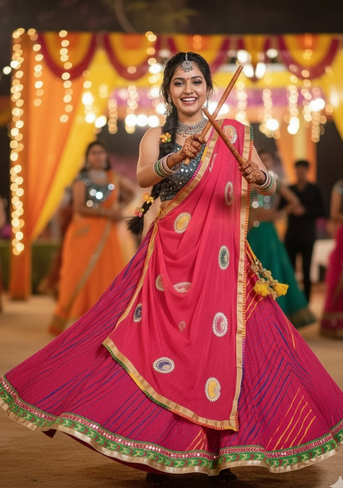 Rose Pink Chevron Lehenga Choli Set