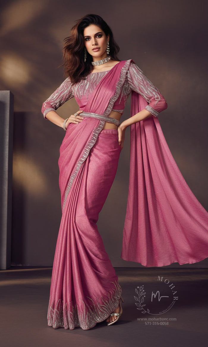 Rose Pink Embroidered Satin Pre-Stitched Saree