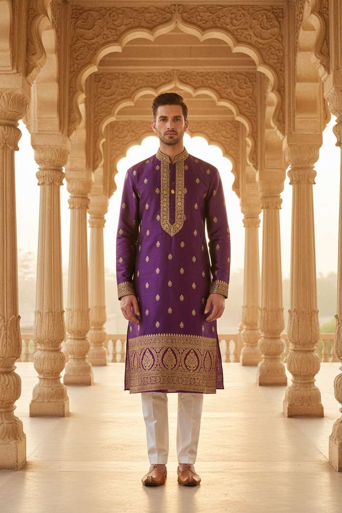 Front view — male model in royal purple Banarasi kurta with white pants, palace corridor