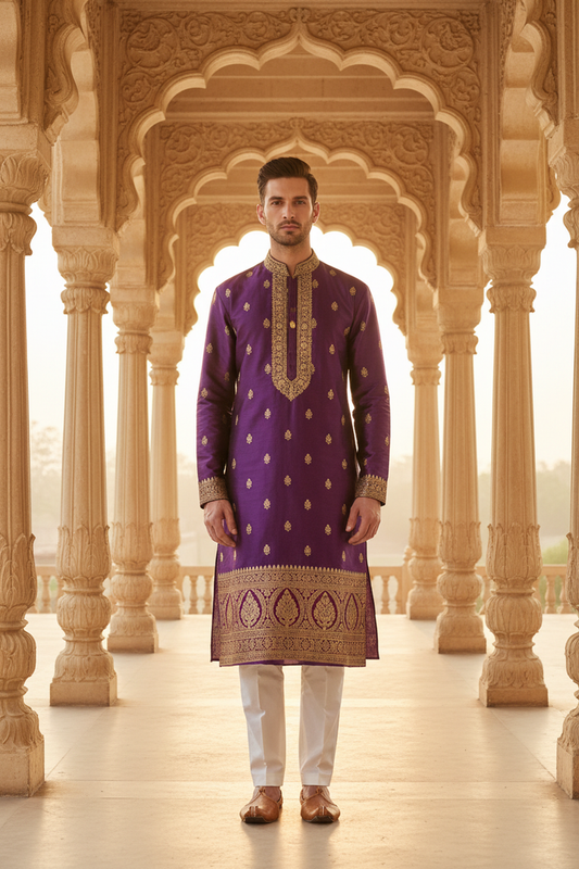Front view — male model in royal purple Banarasi kurta with white pants, palace corridor
